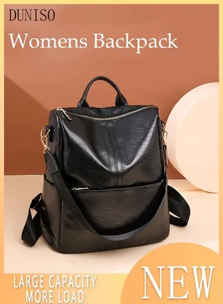 Vintage Travel Backpack For Women  Faux Leather Large Capacity School Backpack Anti Theft Double Shoulder Backpack For College Girls Students Black 