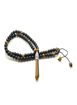 Onyx And Tiger Eye Beaded Necklace With Tiger Eye Pendant 