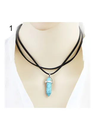 Double Layer Faux Leather Rope Hexagonal Prism Stone Pendant Necklace 