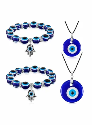 4 Pieces Eye Necklace with Eye Bracelet Set Blue Eye Bead Hand Stretch Bracelet and Glass Eye Faux Leather Rope Chain Necklace for Women and Men 
