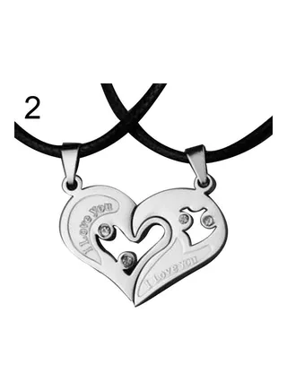2-Piece I Love You Rhinestone Inlaid Matching Heart Pendant Couple Necklace Set 
