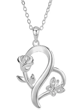 Crafted from 925 Sterling Silver Heart Pendant Necklace with Rose and Butterfly Motif 