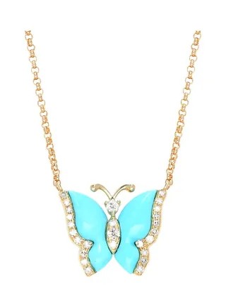 14K Yellow Gold Turquoise and Diamond Butterfly Pendant Necklace for Women One Size 