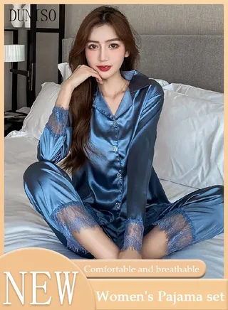 2-piece Women' s Pajama Set Silk Satin Long Sleeve Sleepwear with Button Classic Loungewear Nightwear Notch Neck Shirt and Waist Elastic Pants with Lace Pajama Set for Women 