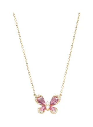 14K Yellow Gold Pink Sapphire and Diamond Butterfly Pendant Necklace for Women One Size 