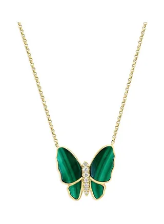 14K Yellow Gold Malachite and Diamond Butterfly Necklace for Women One Size 
