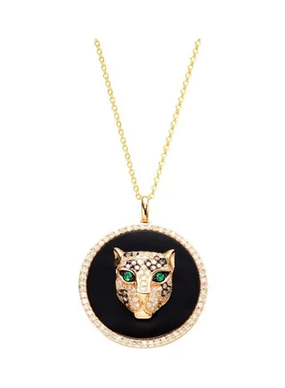 14K Yellow Gold Diamond Emerald and Onyx Panther Pendant Necklace for Women One Size 