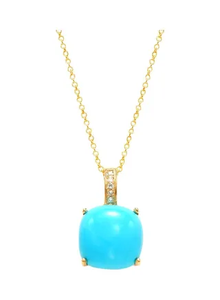 14K Yellow Gold Turquoise Cabochon and Diamond Pendant Necklace for Women One Size 