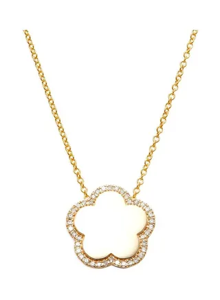 14K Yellow Gold and 0.16 TCW Diamond Flower Pendant Necklace for Women One Size 