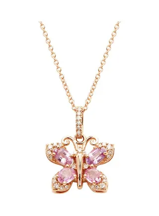 14K Rose Gold Sapphire and Diamond Butterfly Pendant Necklace for Women One Size 