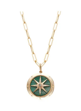 14K Yellow Gold Malachite and Black Diamond Star Burst Pendant Necklace for Women One Size 