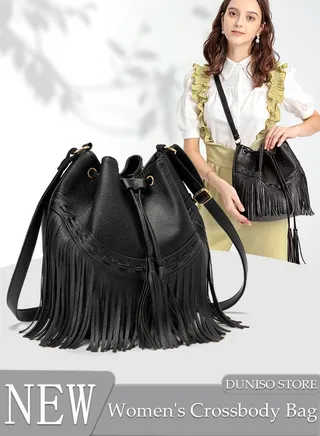 Leather Bucket Bags for Women Crossbody Purses with Drawstring Ladies Tassel Hobo and Shoulder Handbags 