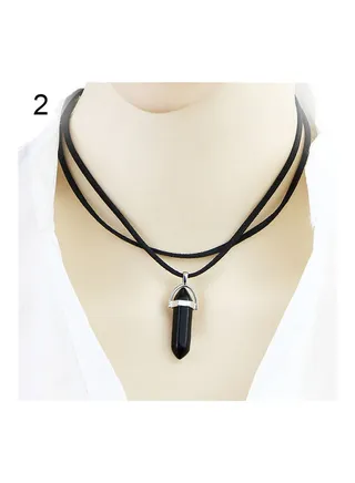 Double Layer Faux Leather Rope Hexagonal Prism Stone Pendant Necklace 