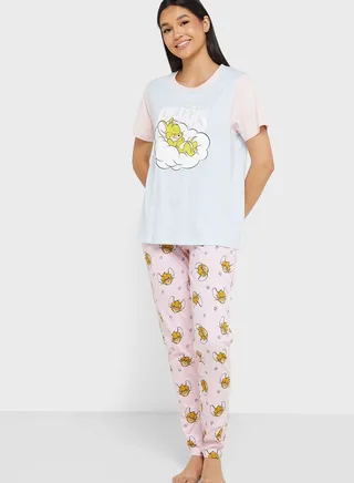 Crew Neck Graphic T-Shirt & Pyjama Set