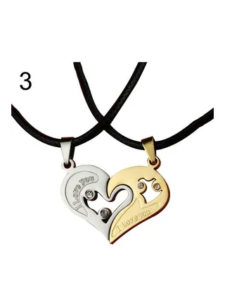 2-Piece I Love You Rhinestone Inlaid Matching Heart Pendant Couple Necklace Set 
