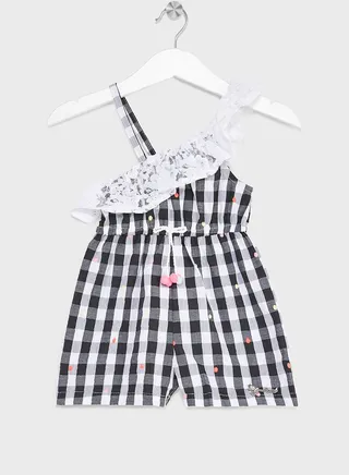 Nauti Nati Girls Checked One Shoulder With Ruffles Pure Cotton Jumpsuit 