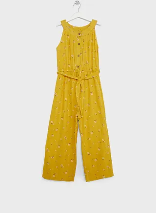 Natilene Girls Yellow Solid Jumpsuit With Waist Tie-Ups 