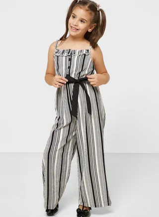 Natilene Girls Striped Shoulder-Strap Basic Jumpsuit With Waist Tie-Ups 