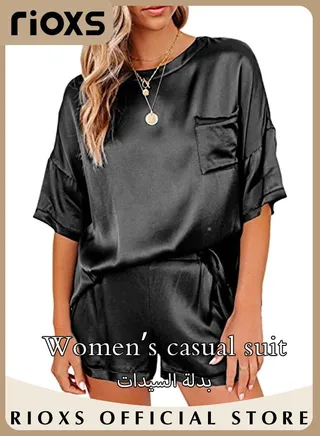 Women's Satin Silky 2 Pc Pajama Set Short Sleeve T-Shirt With Elastic Waist Shorts Set Pajama Loungewear With Pocket 