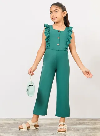 Ruffle Trim Button Front Jumpsuit 