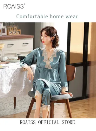 V-Neck Pajama Set for Ladies Silk Lace Long Sleeve Pajama Sleep Pants Gift for Girlfriend Wife Spring Summer Loungewear Nightwear for Women 