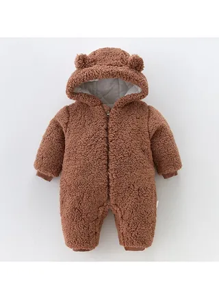 Infant Autumn And Winter Hooded And Thickened Jumpsuit 