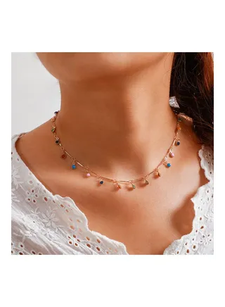 Rainbow Beads Studded Tassel Charm Necklace 