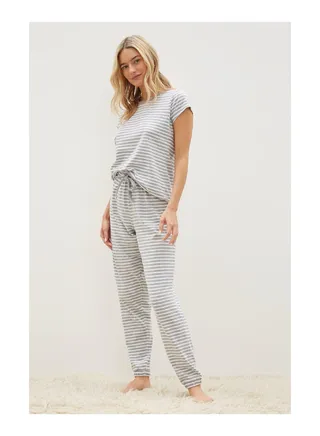 Grey White Tee And Cuff Pant Set 