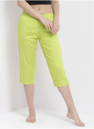 Casual Comfortable Relaxed Fit Three Quarter Pyjama Pants With Matching Scrunchie Lime 