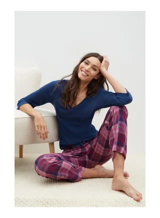 Navy Rib T-Shirt And Check Pyjama Set 