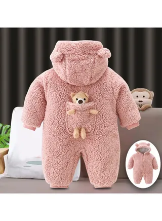 Infant Autumn And Winter Hooded And Thickened Jumpsuit 