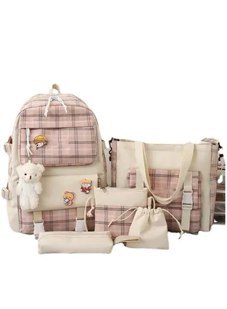 5 Pcs Backpack Set,Kids Backpacks,School Bag for Kids,Back to School Book Bag Backpack for Teen,Cartoon Travel Backpack,Shoulder Bag,Handbag (Pink) 