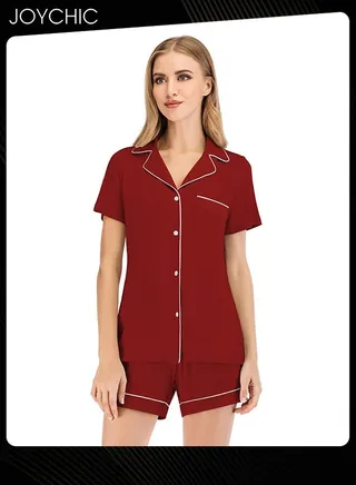 2-piece Classic Spring and Summer Pajamas Modal Smooth and Comfoty Loose Women's Nightgown Casual Shirt Collar Short-sleeved Home Clothes Wine Red 