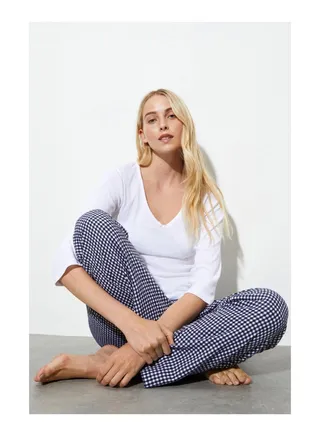 Rib And Gingham Trouser Pyjama Set 