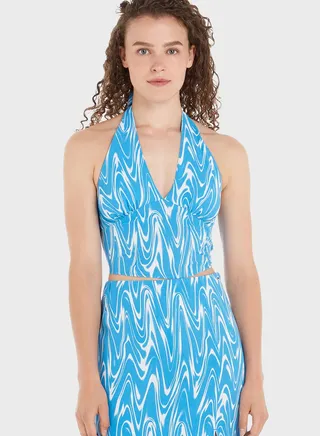 Halter Neck Tie Detail Printed Top