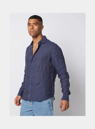 Casual Plain Basic Collared Neck Long Sleeve Shirt DarkBlue 