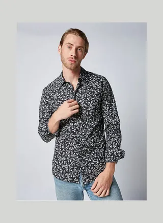Casual Floral Collared Neck Long Sleeve Shirt Black-White 