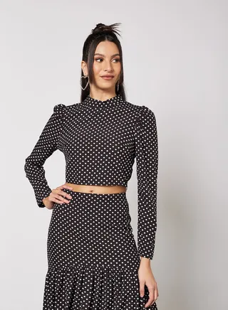 Polka Dot Print Crop Top Black 