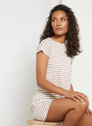 2-Piece Striped Pattern Pyjama Set Beige 