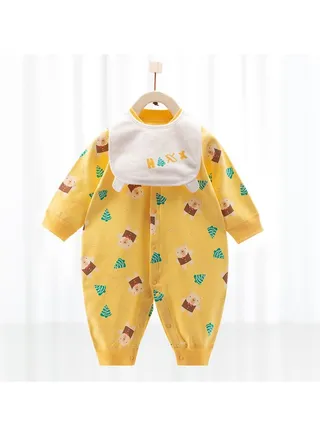 A Cute Long-sleeved Jumpsuit For Babies And Toddlers With Bib 