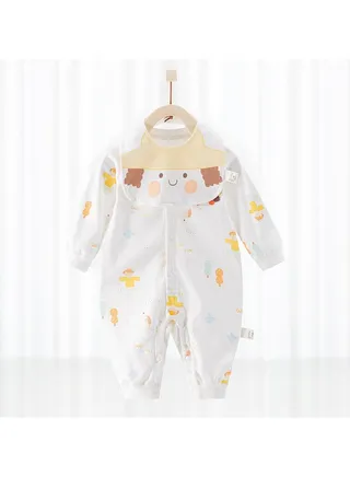 Baby's Cute Long-sleeved Cotton Cartoon One-piece With Bib 