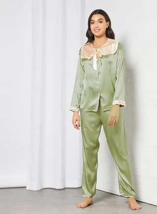Satin Top and Pants Set Green 