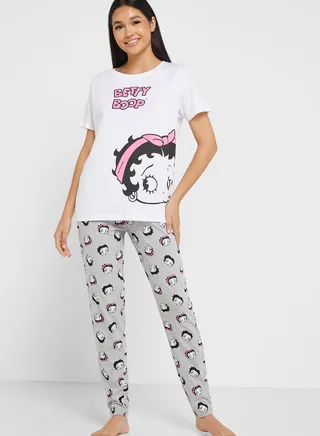 Crew Neck Graphic T-Shirt & Pyjama Set 