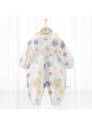Baby's Cute Long-sleeved Cotton Cartoon One-piece With Bib 