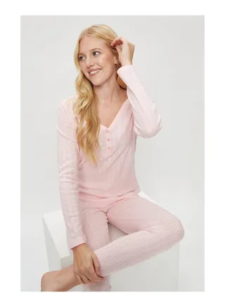Pink Pointelle Henley Top And Leggings set 