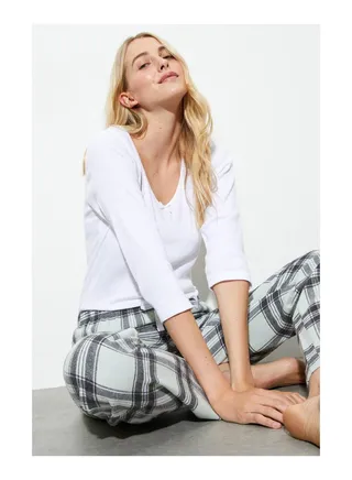 Off White  And Sage Checked Pyjamas 