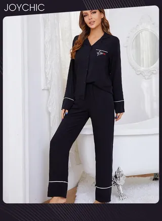 2-piece Classic Spring and Summer Autumn Pajamas Cotton Comfotable Loose Women's Nightgown Casual Shirt Collar Long-sleeved Home Clothes Loungewear Black 