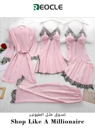 Women's Pajama Sets 5 PCS Silk Pajamas Comfortable Skin-friendly Sleepwear Loungewear Satin Pajamas Sets for Women 