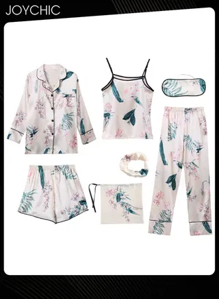 7-piece Women Pajamas Set for All Seasons Long-sleeved Ice Silk Skin-friendly and Comfortable Bedroom Nightgown 