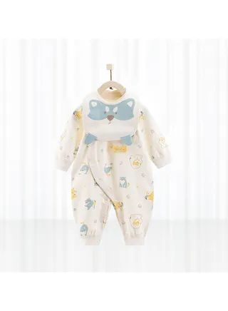 Baby Cotton Cute Long Sleeve Cartoon Jumpsuit With Bib 